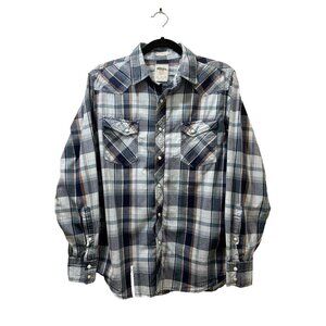 2/$30 Fossil 54 Vintage Fit Plaid Pearl Snap Button Up Shirt Mens M Blue Western